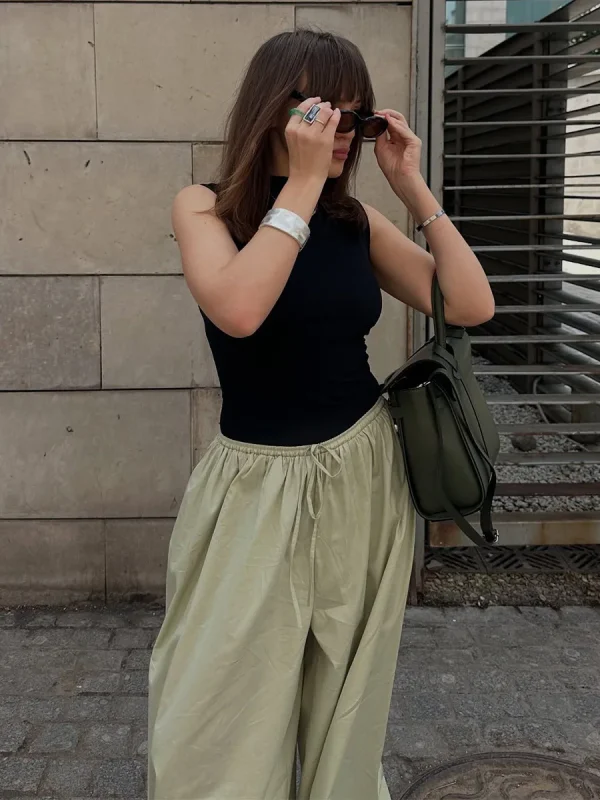 pantalon large en coton vert