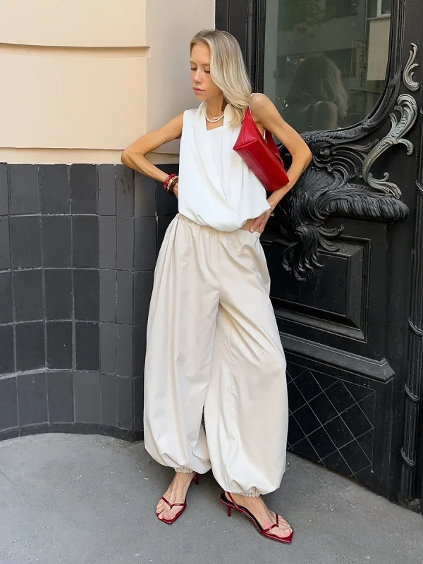 pantalon large coton beige