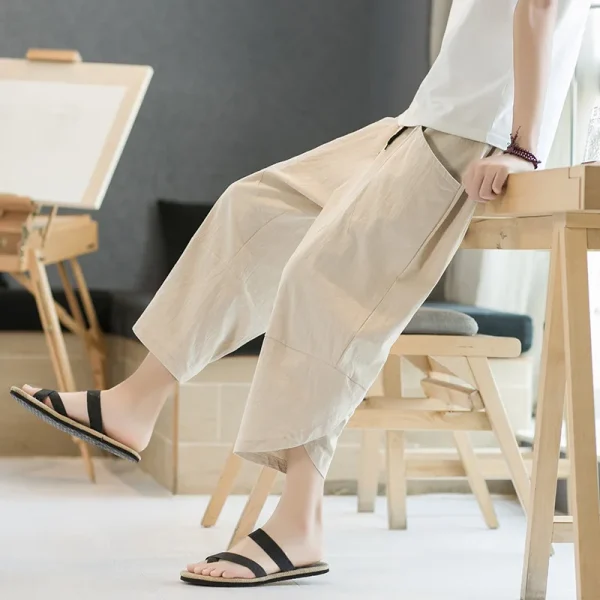 pantalon japonais en lin beige