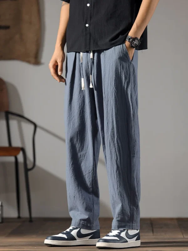 pantalon japonais lin coton bleu